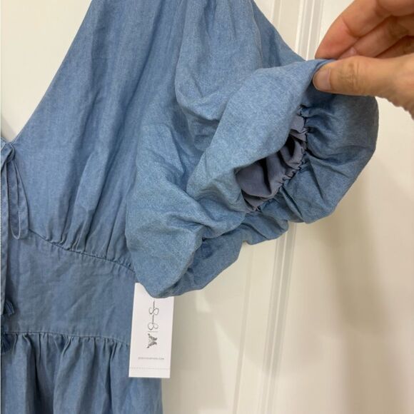 NWT Jessica Simpson Boho Chambray Puff Sleeve Dress. Prairie Style Ruffle - SM - Picture 5 of 7
